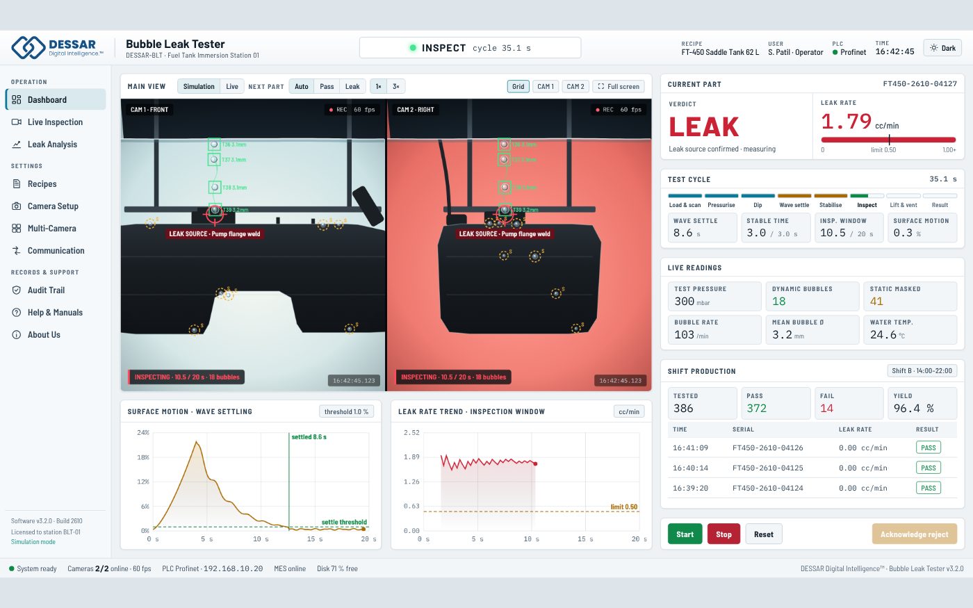 The Bubble Leak Detection operator screen