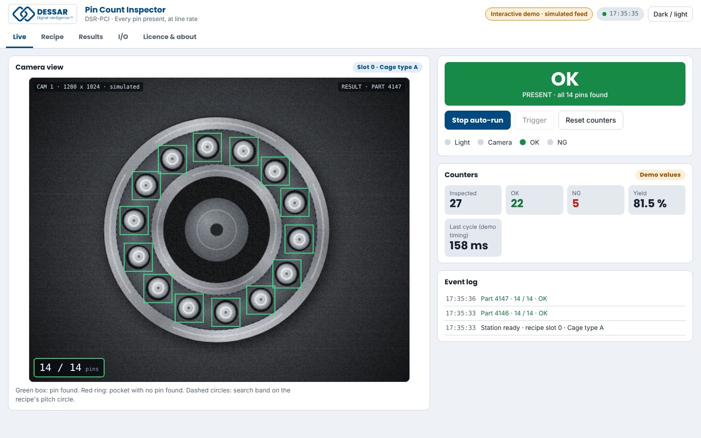The Pin Count Inspector operator screen