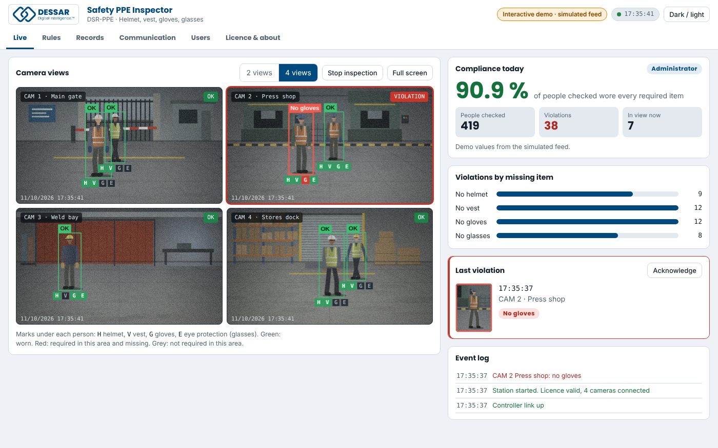 The Safety PPE Inspector operator screen